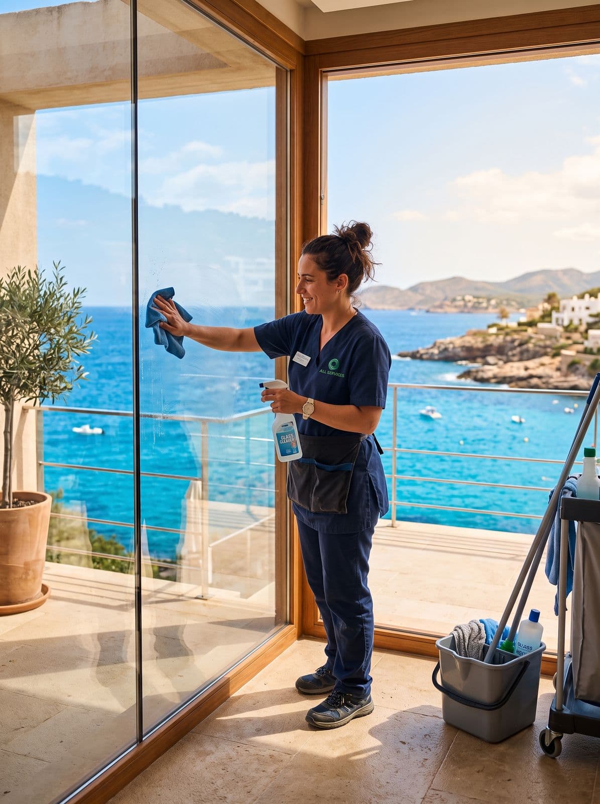 Agente All Services nettoyant une baie vitrée face à la mer